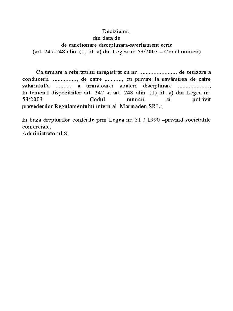Model Avertisment Scris