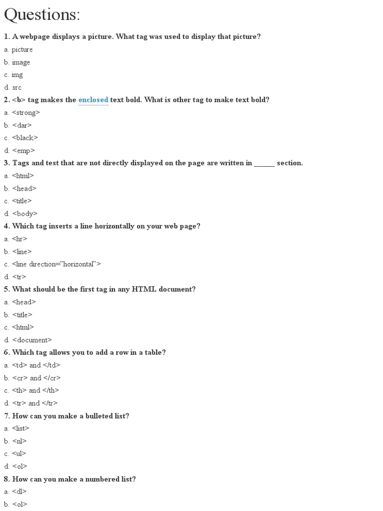 100 MCQ Questions for HTML and  Page Designing MCQ Sets Html