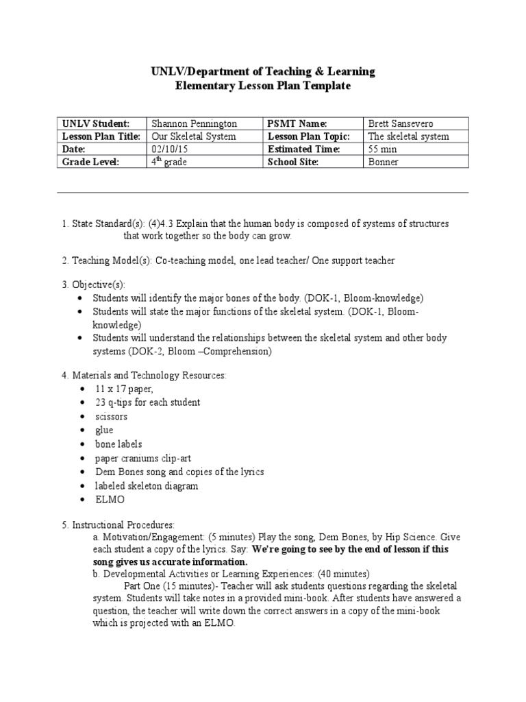 Skeletal System Lesson Skeleton Lesson Plan