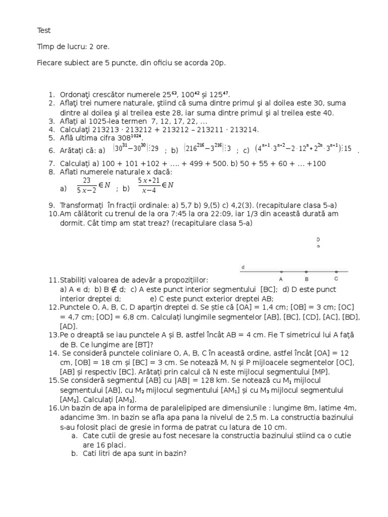Test Matematica Clasa 6-A