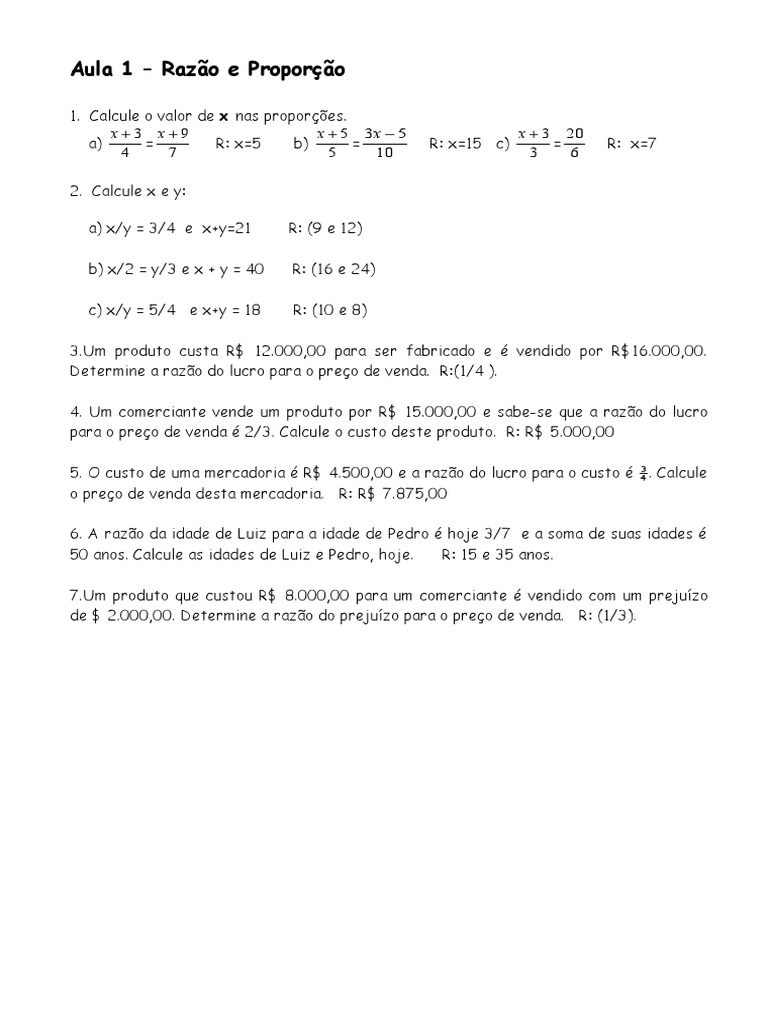Razão e Proporção - Exercícios Resolvidos | PDF