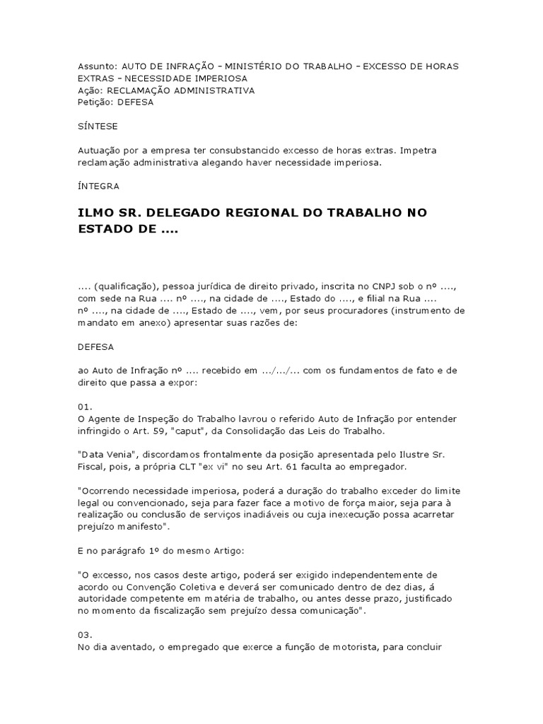 Defesa Auto de Infração Trabalhista Instituições Sociais Ciências Sociais