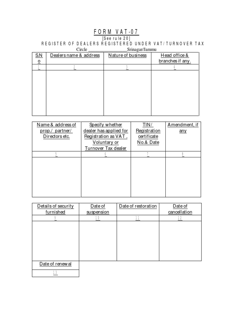 Form Vat-07: Register of Dealers Registered Under Vat/Turnover Tax ...