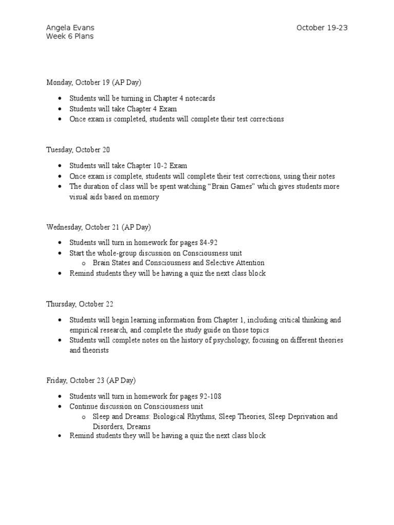 Week 6 Plans | PDF