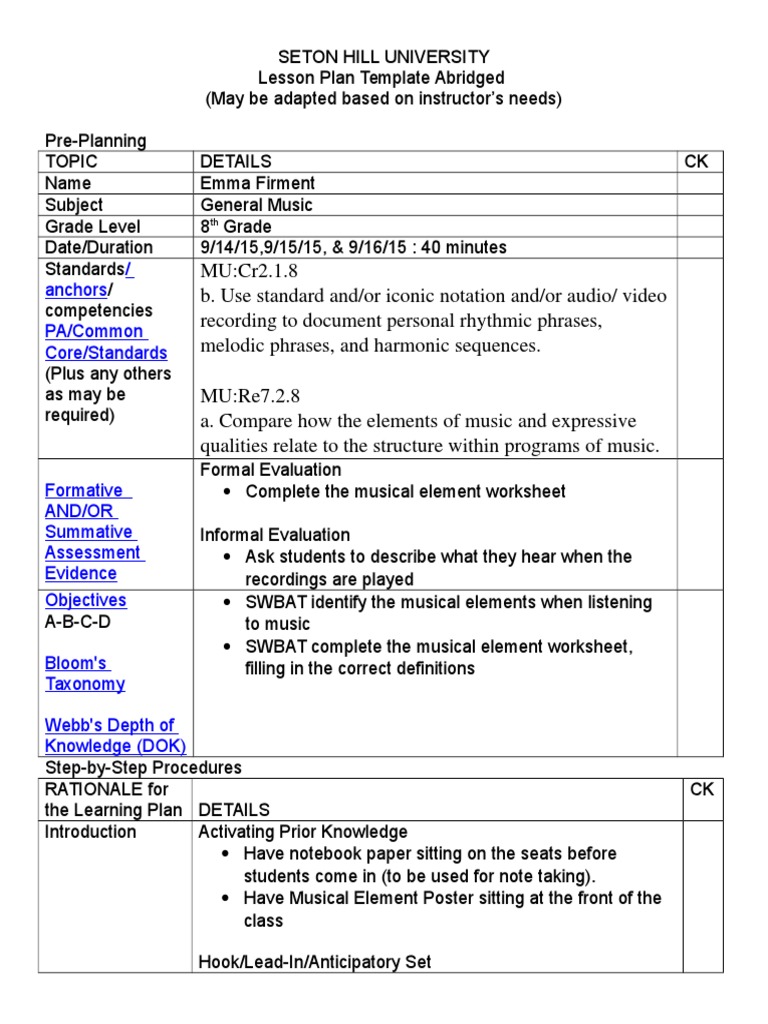 Musical Elements  Performing Arts  Cognition Inside Elements Of Music Worksheet