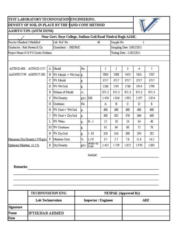 Sieve analysis testreport fine report formate density soil