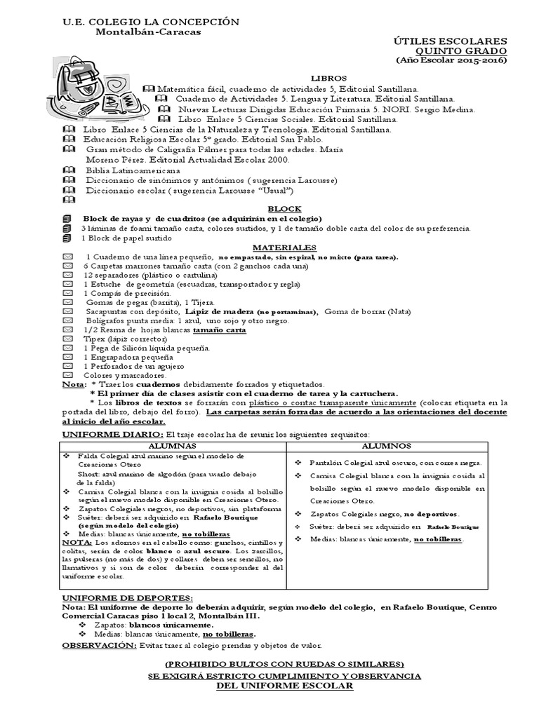 Lista de Útiles Quinto Grado Cuaderno Papelería