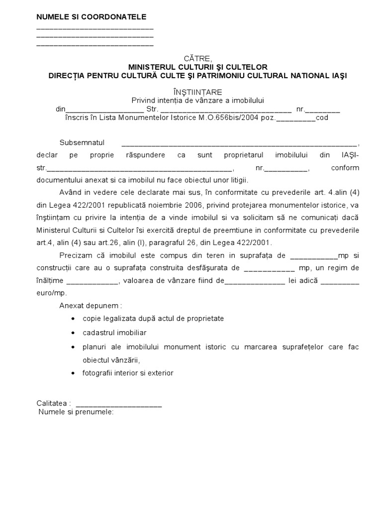 Formular Cerere Dreptul de Preemtiune