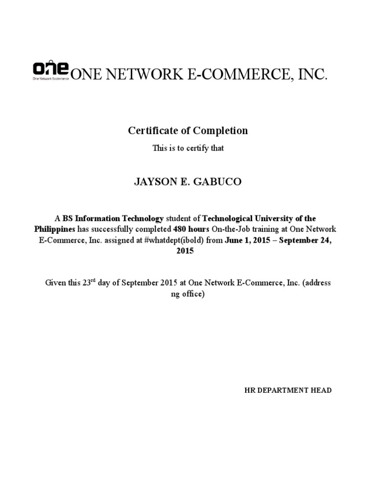 One Network E-Commerce, Inc.: Certificate of Completion | PDF