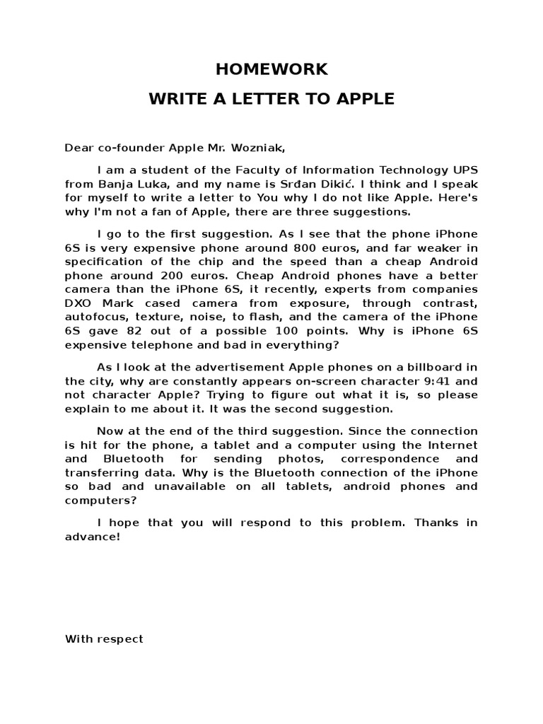Homework Write A Letter To Apple | PDF | Technology & Engineering