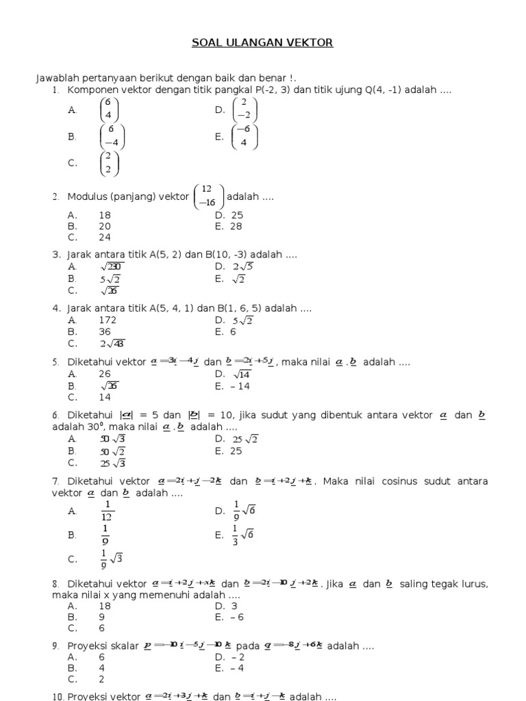 Contoh Soal Vektor Matematika Dan Penyelesaiannya Kelas 10