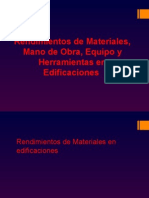 Rendimientos de Materiales, Mano de Obra