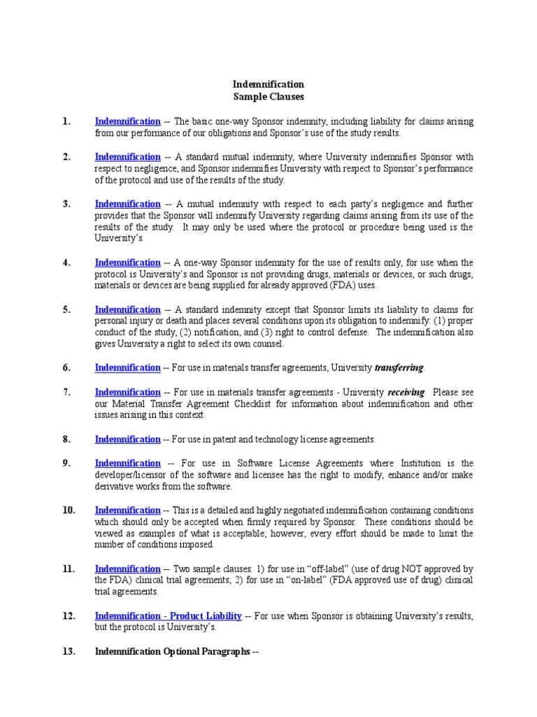 Indemnification Clauses for Agreements | PDF | Indemnity | License