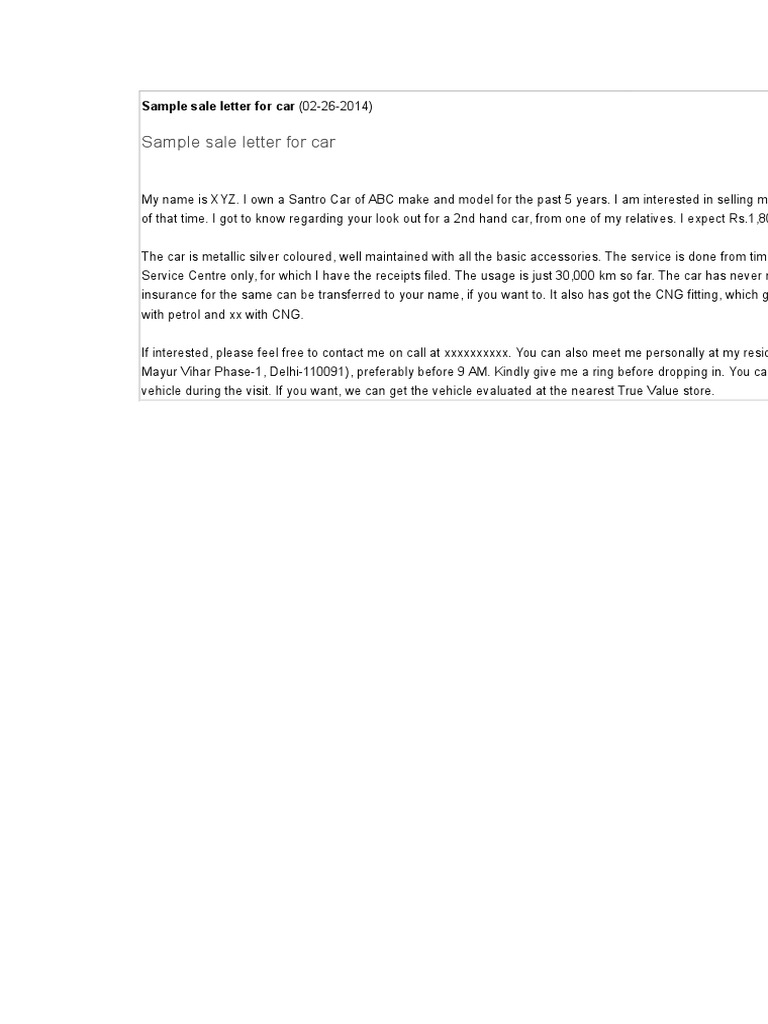 Sample Sale Letter for Car