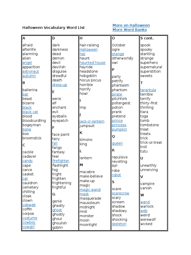 Halloween Vocabulary Word List  Halloween  Ghosts