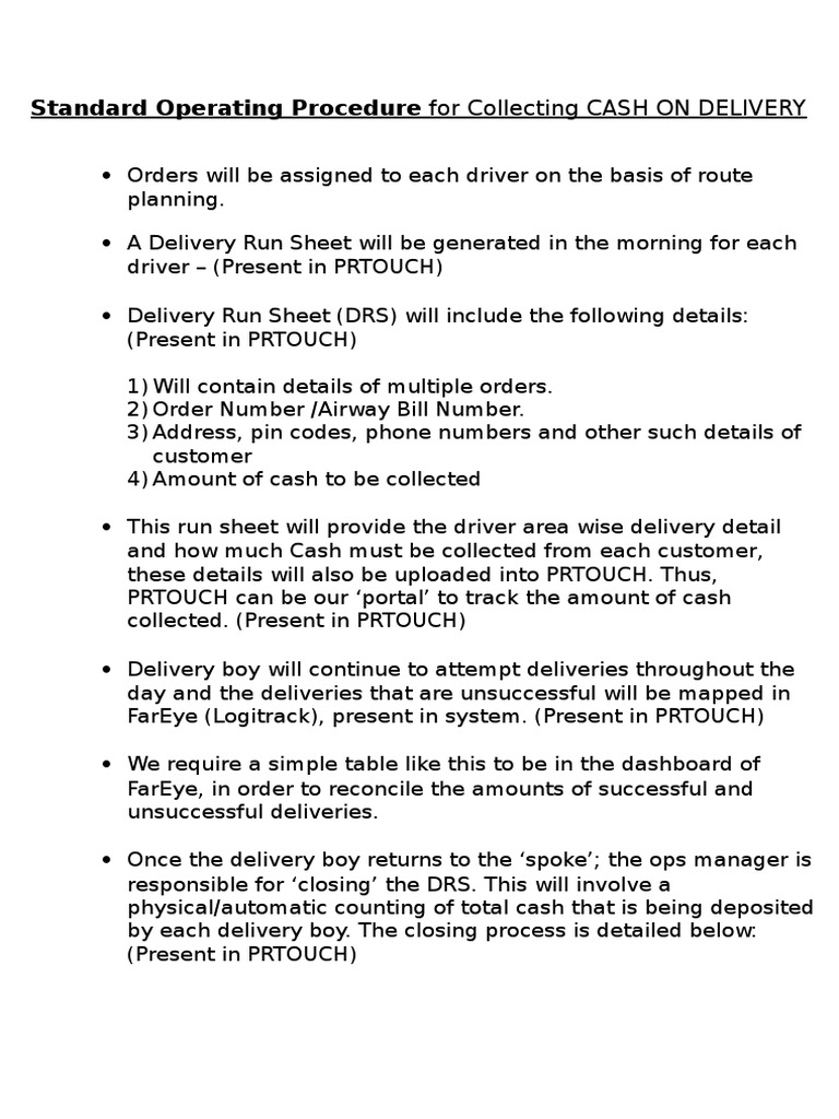 Standard Operating Procedure for Collecting CASH on DELIVERY Copy Computing Technology