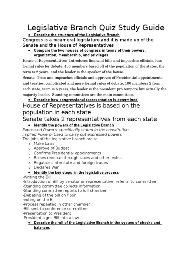 Legislative Branch Quiz Study Guide United States Congress United