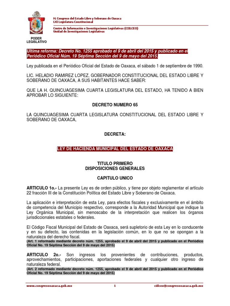 Ley de Hacienda Municipal Del Estado de Oaxaca PDF PDF Propiedad Impuestos