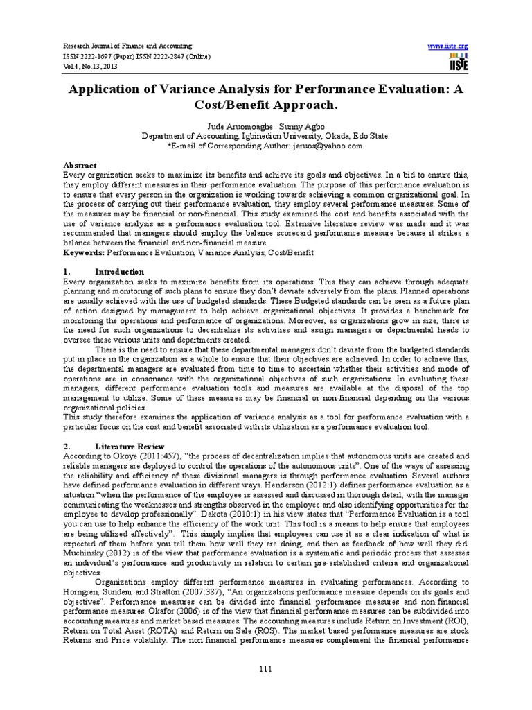 Application Of Variance Analysis For Performance Evaluation A Cost