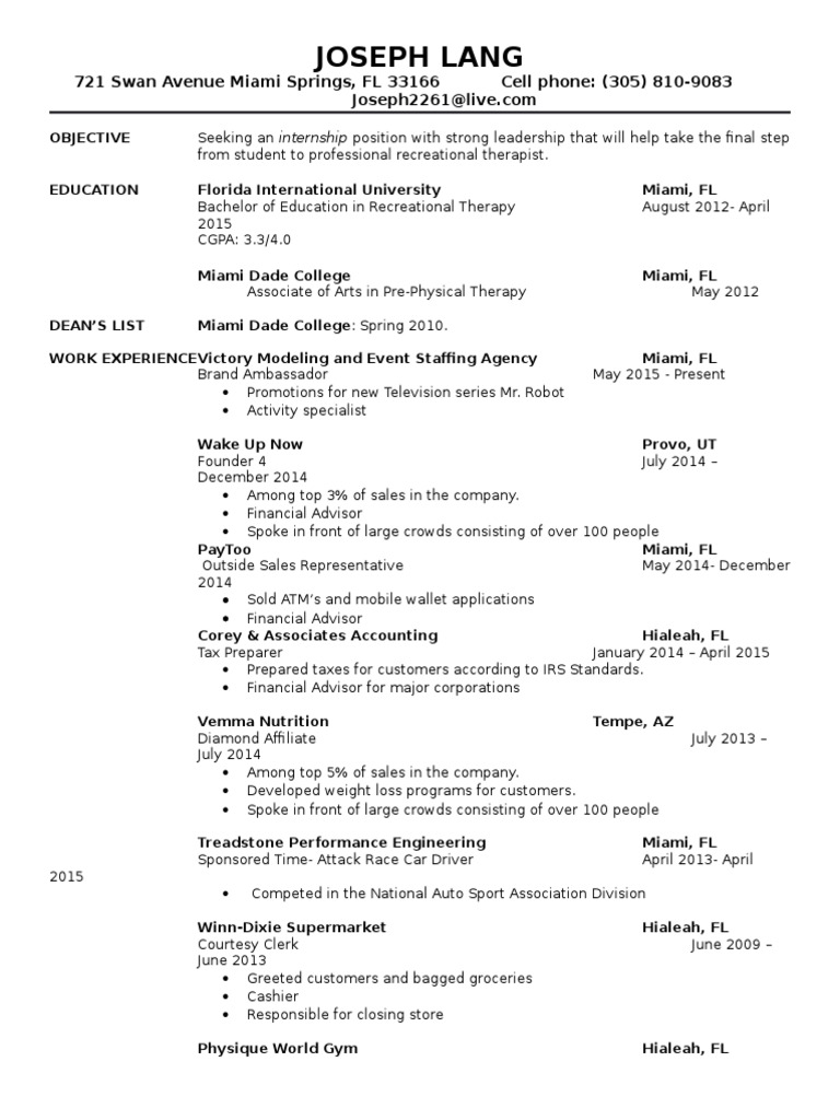 Joseph Lang's Recreational Therapy Resume | PDF
