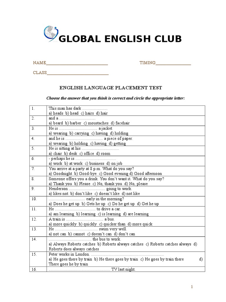 Global English Club: English Language Placement Test | PDF | Home ...
