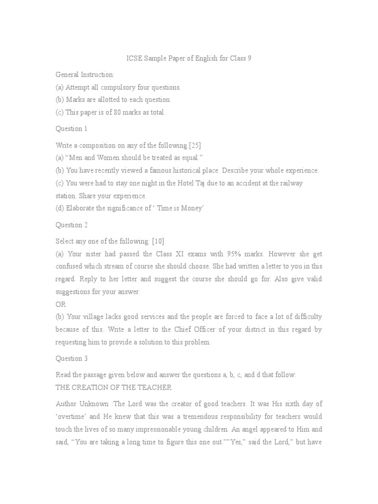 ICSE Sample Paper of English for Class 9 Teachers Test (Assessment)