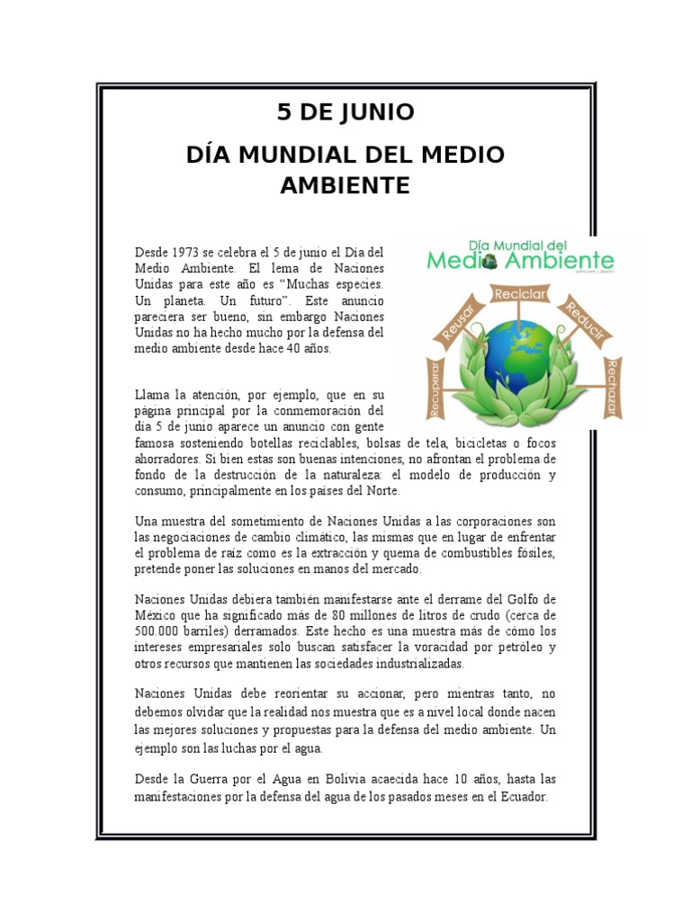 5 de Junio Dia Mundial Del Medio Ambiente | PDF | Política