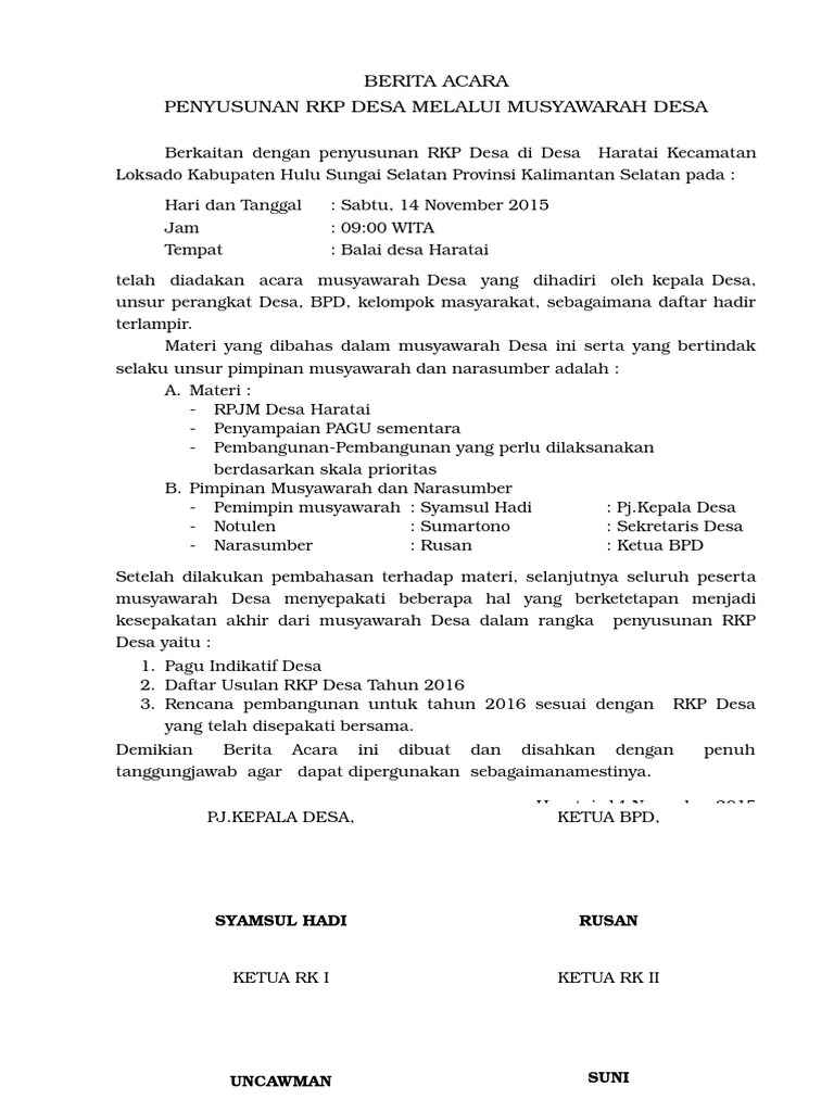 Berita Acara Musyawarah Desa (RKPDes) Berita Acara Musyawarah Desa (RKPDes)