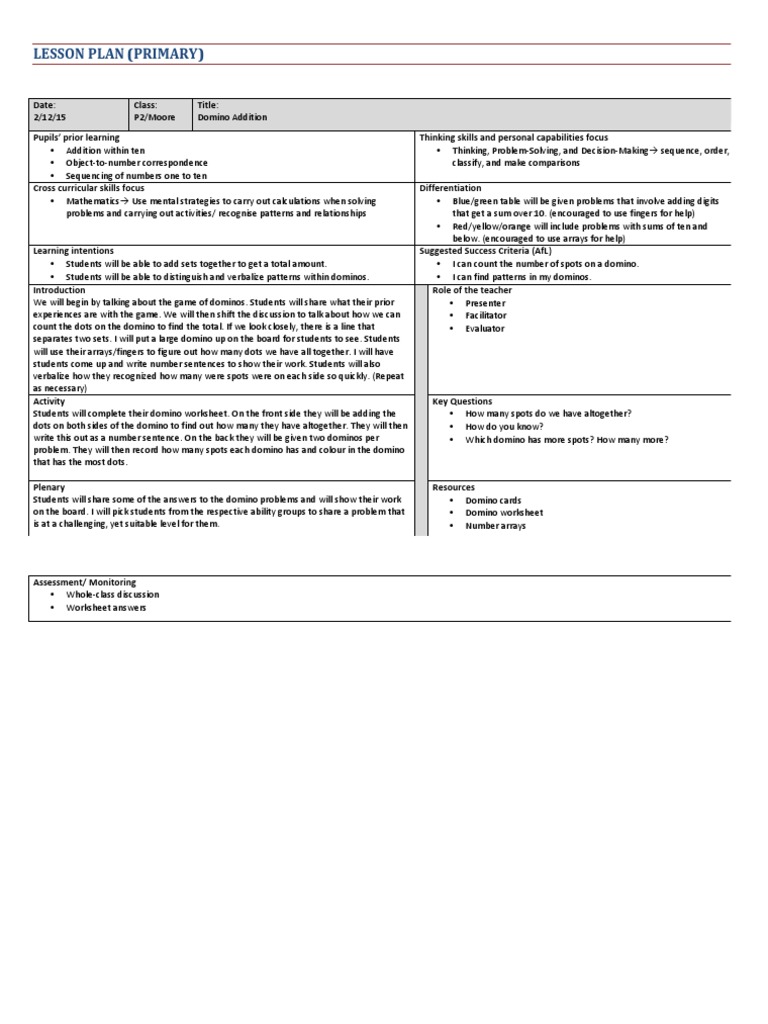 Domino Addition Lesson Plan | Lesson Plan | Neuropsychology