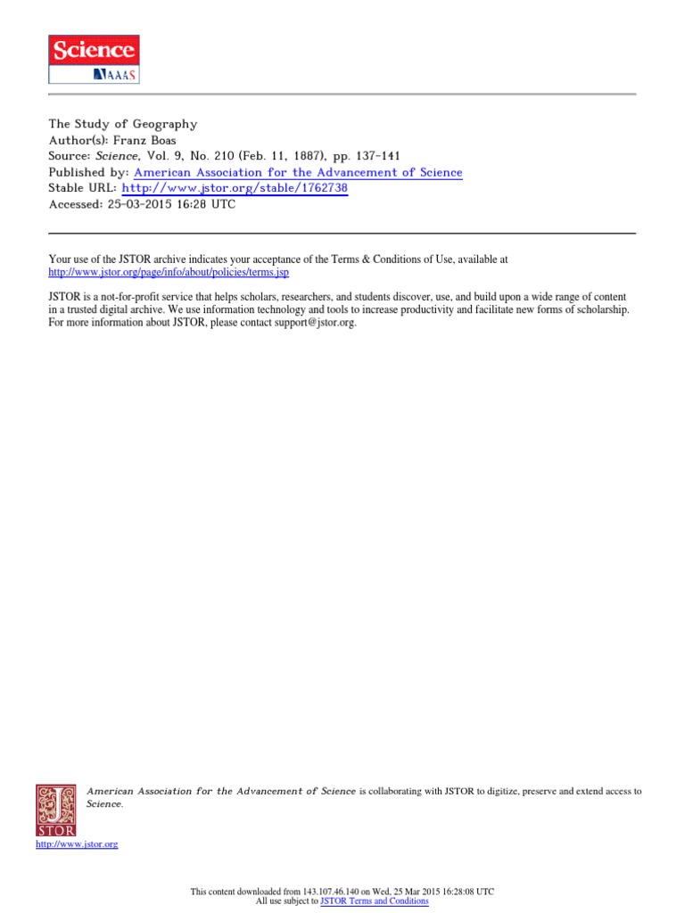 Boas 1887 The Study of Geography PDF Geography Science