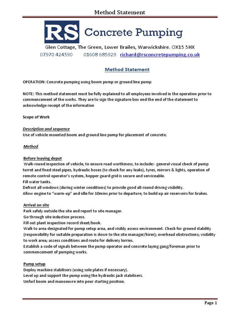 Concrete Pumping Method Statement | PDF | Pump | Pipeline Transport