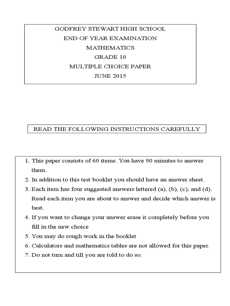 Grade 10 Mathematics MCQ Exam 2015 | PDF | Test (Assessment) | Multiple ...