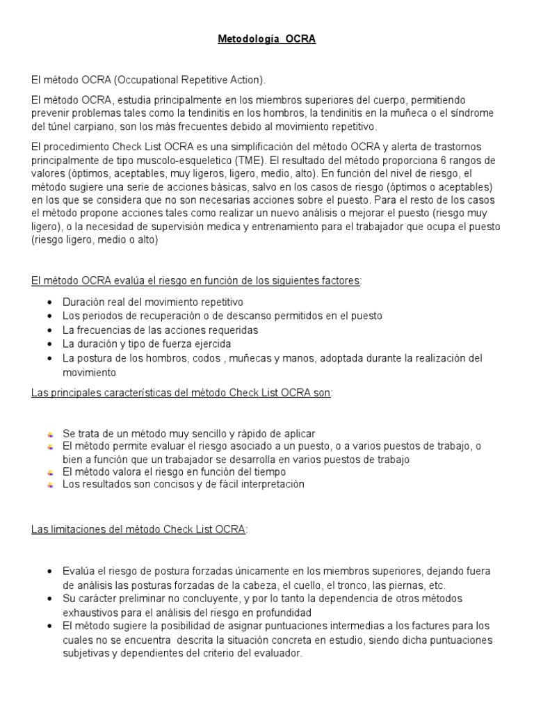 Metodología OCRA para Evaluación de Riesgos | PDF | Factores humanos y ...