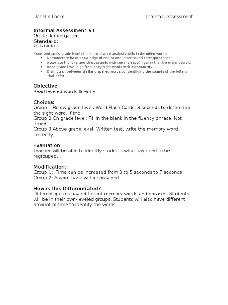 Informal Assessment 1 Standard CC.1.1.K.D Educational Assessment Pedagogy