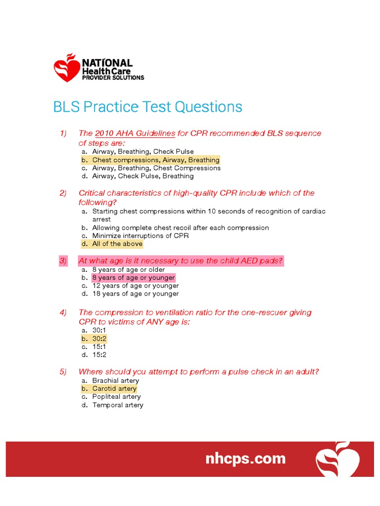 Bls Practice Test Questions Cardiopulmonary Resuscitation Cardiovascular System