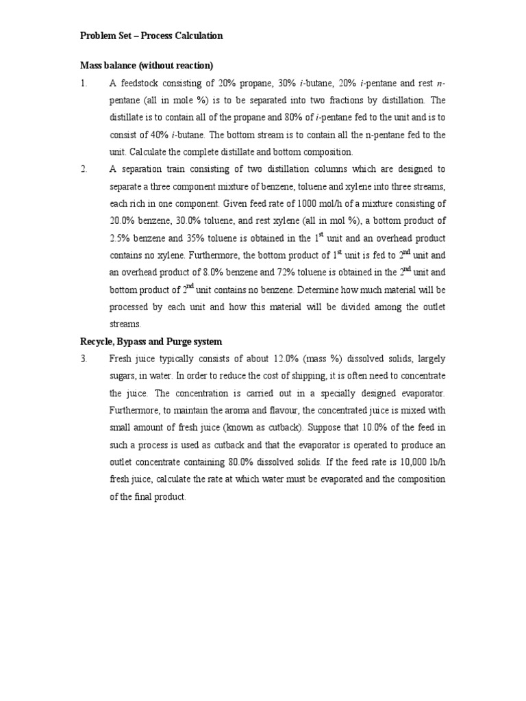 Process Calculation Problem Set | PDF