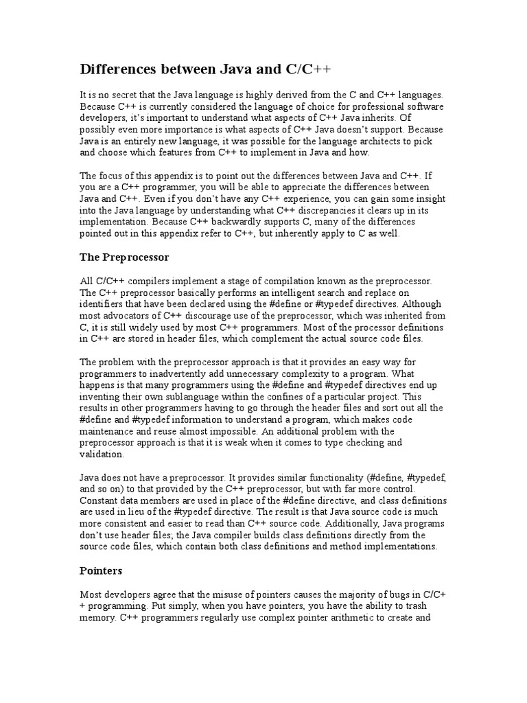 Differences Between Java and C/C++: The Preprocessor | Download Free ...