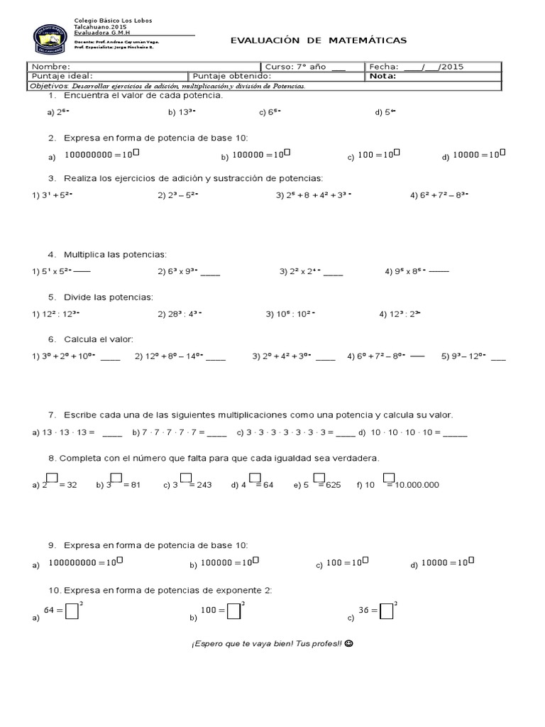 Prueba Septimo Potencias Pdf
