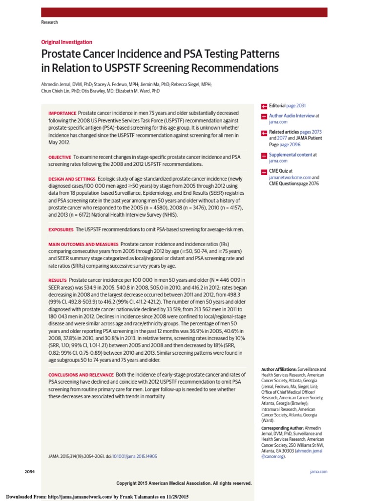 Dr. Frank Talamantes, Ph.D. Prostrate Cancer Incidence and PSA