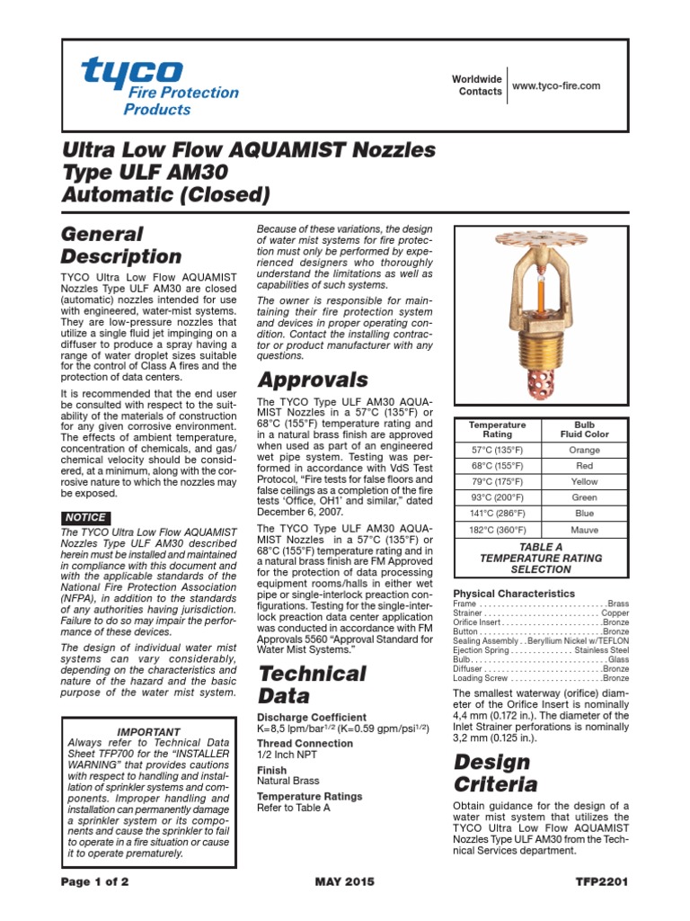 Tyco - Ultra Low Flow Aquamist AM30 | PDF | Fire Sprinkler System ...