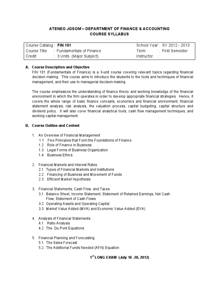 Fin 101 Syllabus Capital Budgeting Yield (Finance)