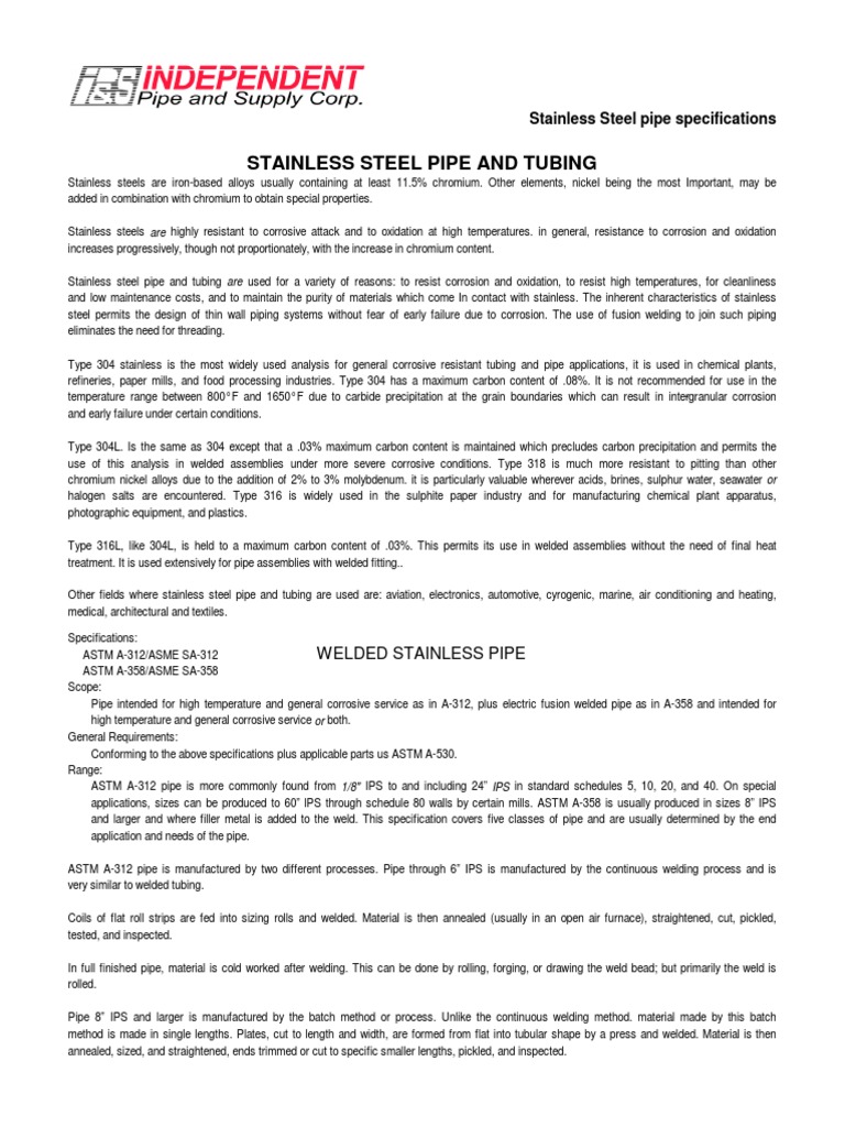 Stainless Steel Pipe Specs Guide | PDF | Science & Mathematics