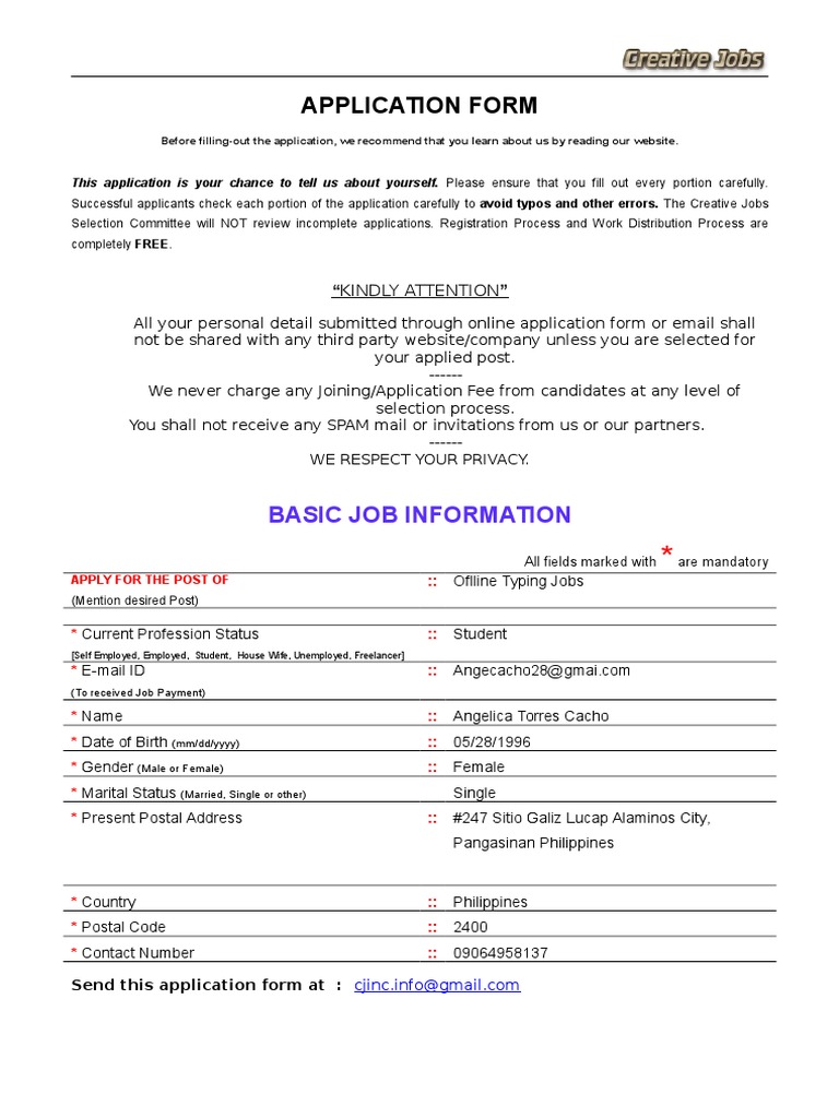 Free Creative Job Application Form | PDF | Career & Growth