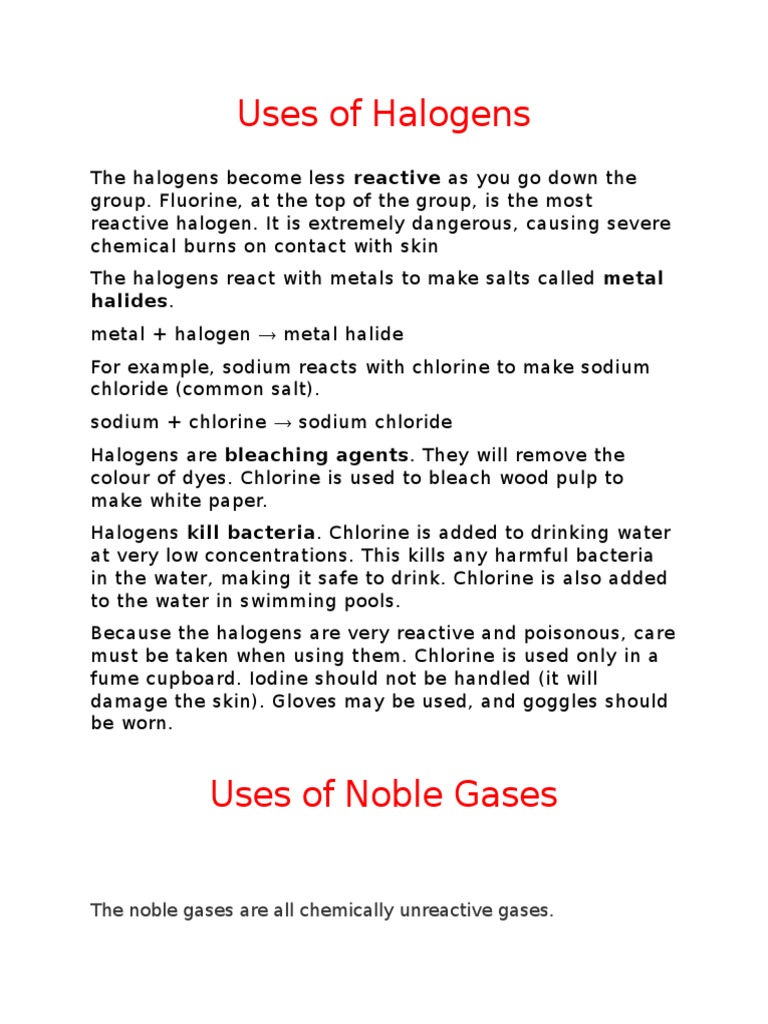 Uses of Halogens & Noble Gases (Chem 7) Chlorine Incandescent Light