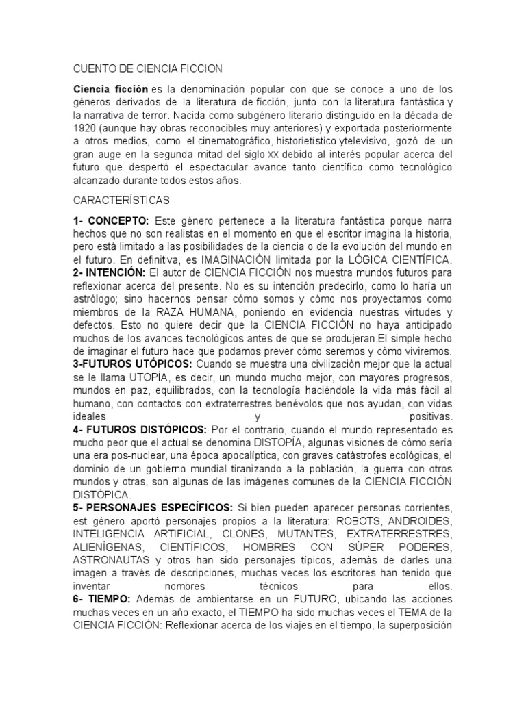 Caracteristicas de Cuento de Ciencia Ficcion Ciencia