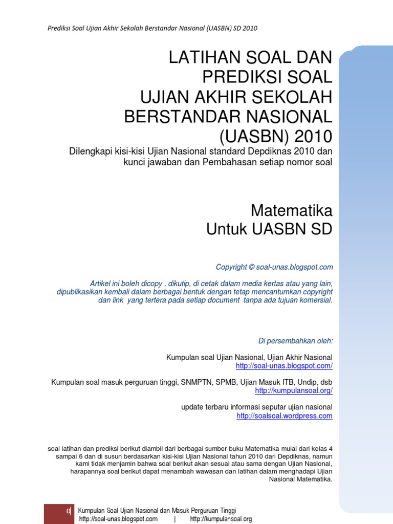 Prediksi Soal Matematika Uasbn Sd 2010