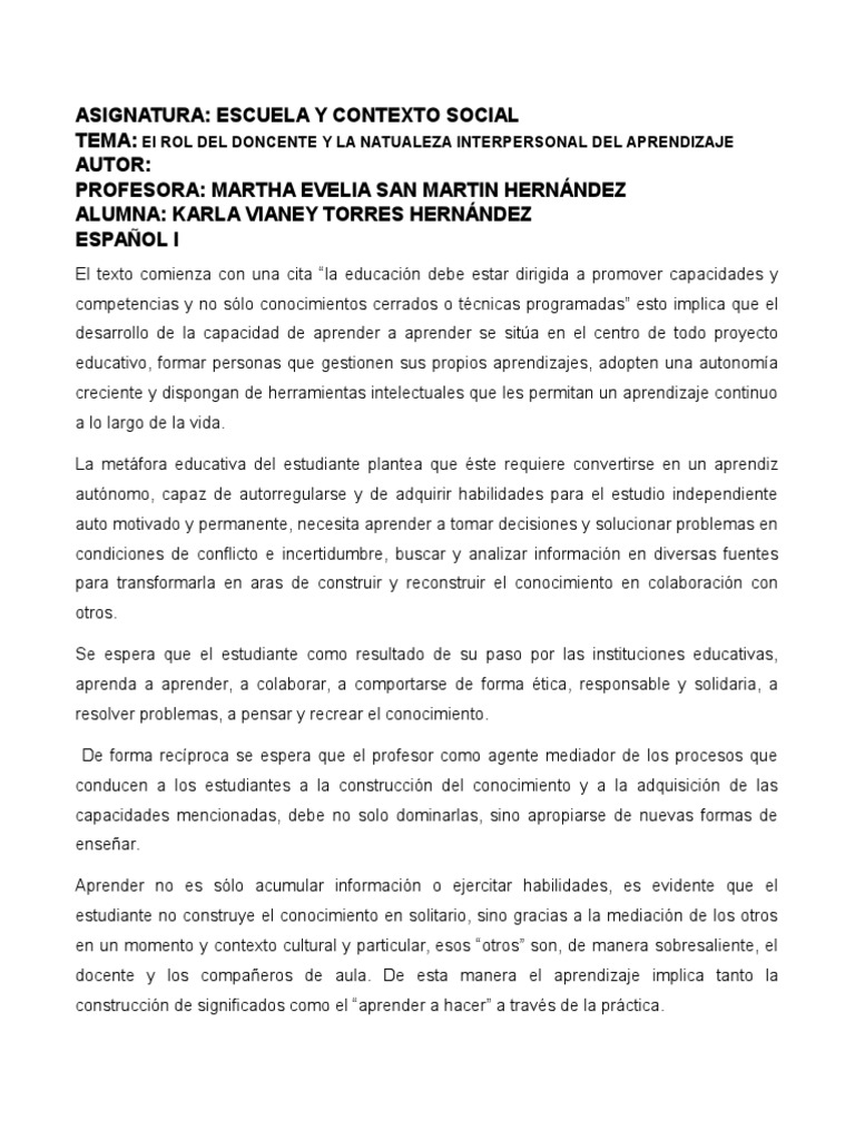 Rol del Docente en el Aprendizaje Interpersonal | PDF | Maestros ...