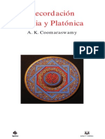 Coomaraswamy Recordacion India y Platonica