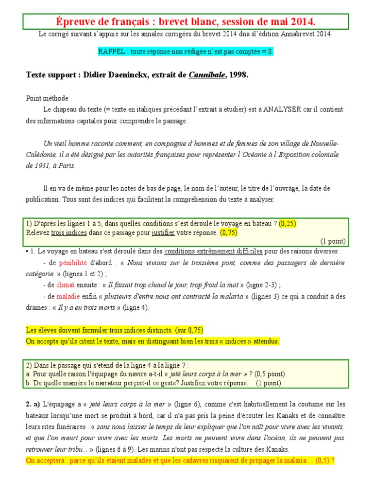 Cannibale Didier Daeninckx Fiche De Lecture Pdf 3e - Francais Corrige Brevet Questions Cannibale-2 | PDF | Phrase |  Linguistique