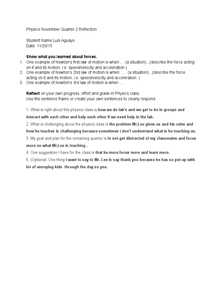 Physics Reflection on Forces and Learning | PDF | Science & Mathematics